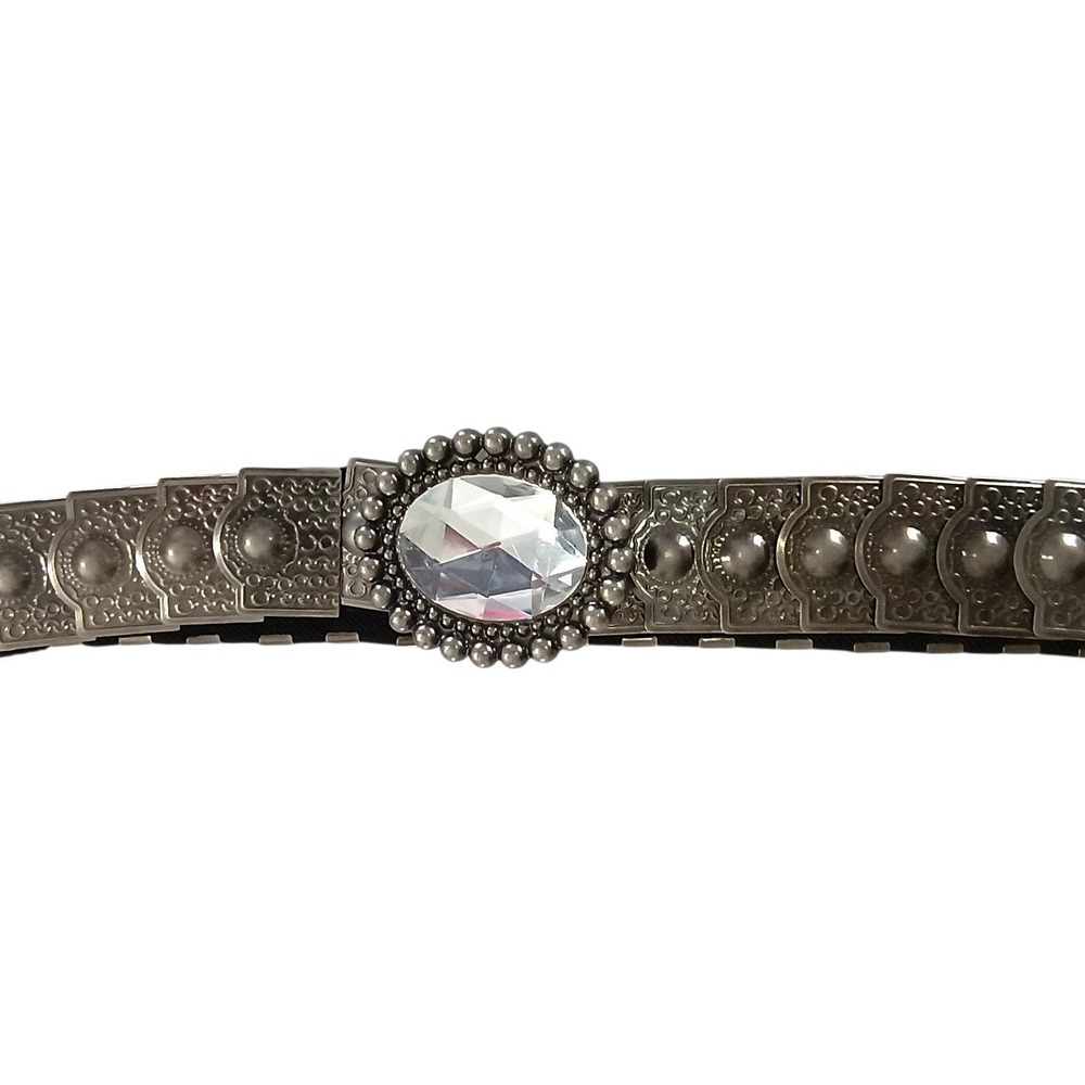 Vintage 80s Silver Tone Concho Stretch Belt Rhinestone Buckle Western Boho Disco - Picture 3 of 8